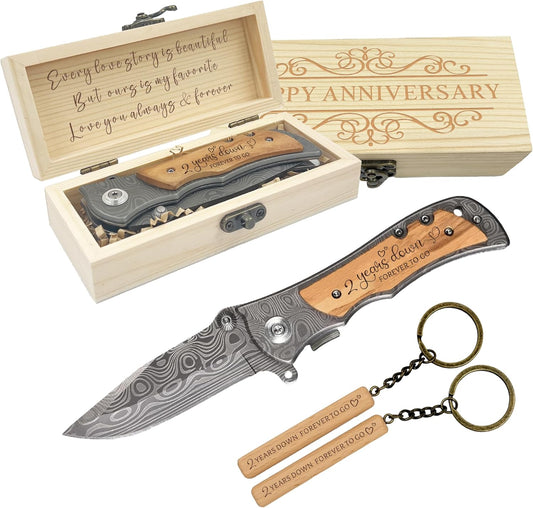 2 Year Anniversary Boyfriend Gifts for Him, 2 Year Wedding Anniversary Keepsake for Men, 2nd cotton wedding Anniversary Engraved Knife with Wood Box, 2nd Anniversary Marriage Presents for Husband