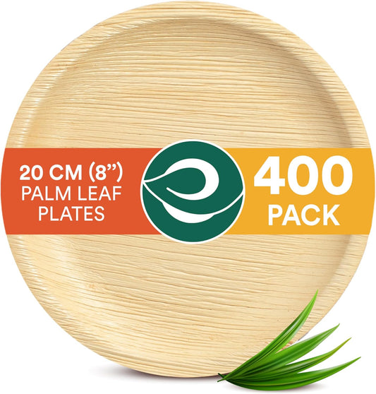 ECO SOUL Compostable 8 Inch Palm Leaf Round Plates (400 Count) Like Bamboo Plates | Biodegradable | Eco-Friendly, Microwave & Oven Safe