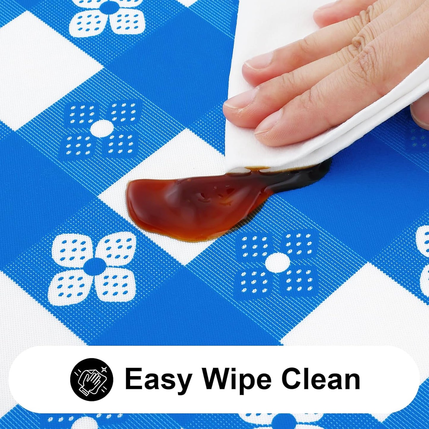 Rectangle Vinyl Table Cloth, Waterproof Elastic Fitted Tablecloth with Flannel Backing, Plastic Table Cover for Picnic, Camping, Outdoor (Blue & White, 30"x96")