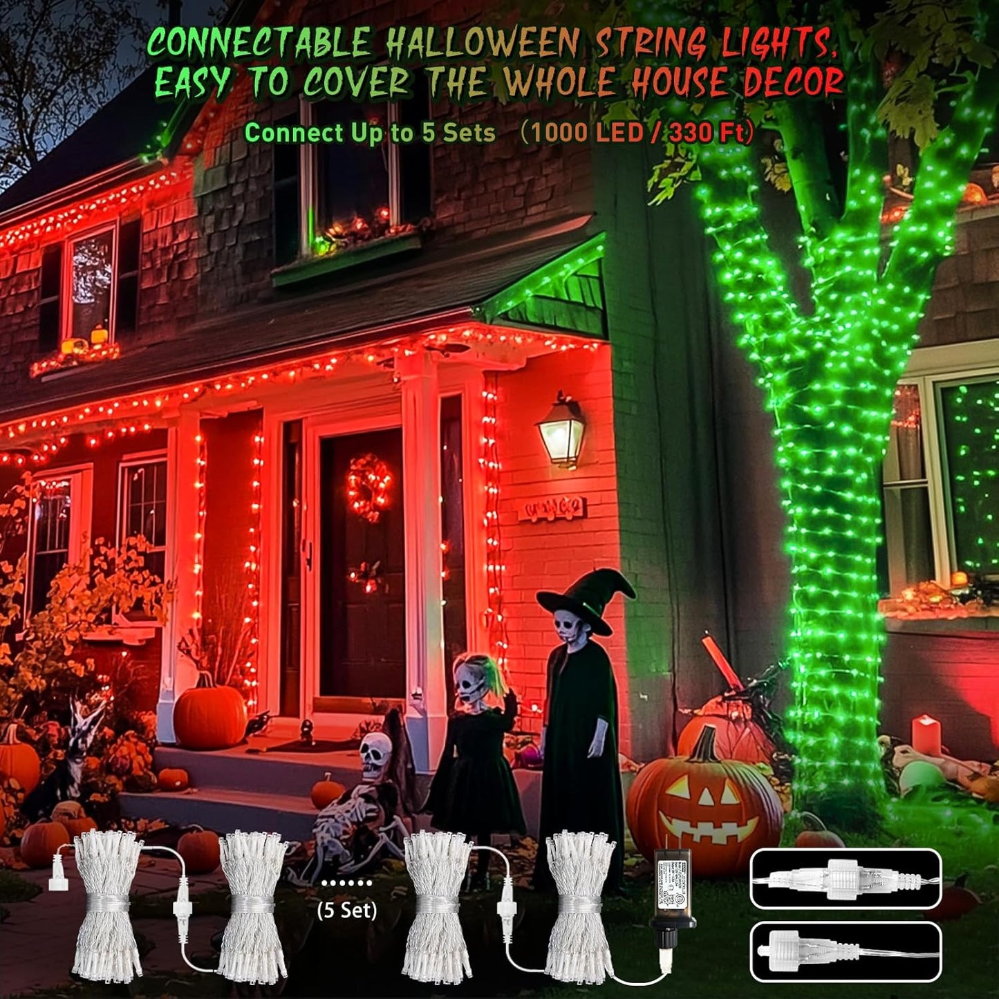 JMEXSUSS 200 LED String Lights Outdoor for Halloween Decor, Red & Green Christmas Lights Clear Wire, 11 Modes Connectable Twinkle String Lights Plug in for Christmas Halloween Garden Home Decorations