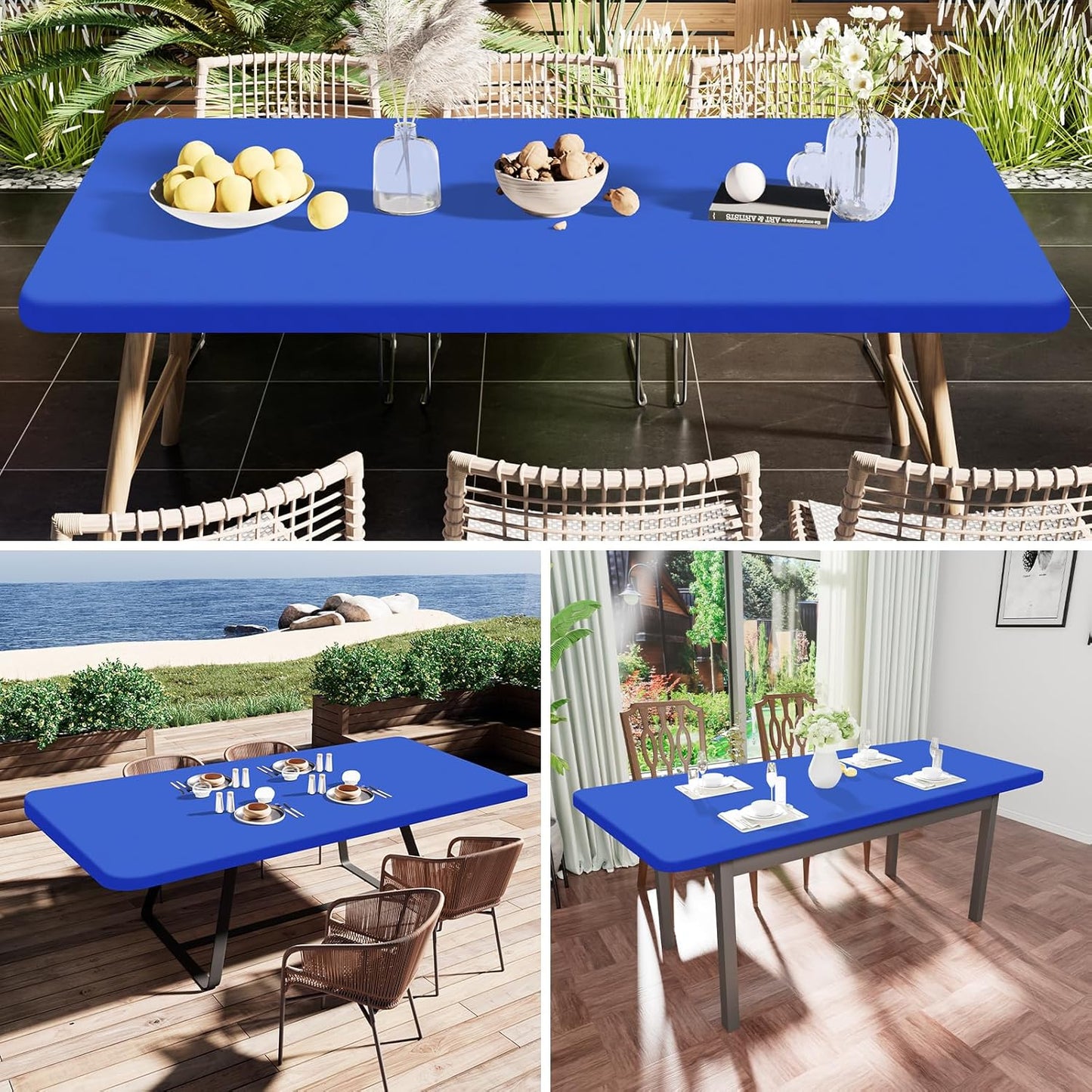 Smiry Rectangle Tablecloth, Elastic Fitted Flannel Backed Vinyl Tablecloths for 8ft Folding Tables, Waterproof Wipeable Table Covers for Indoor, Outdoor, Picnic and Camping (Blue, 36"x96")