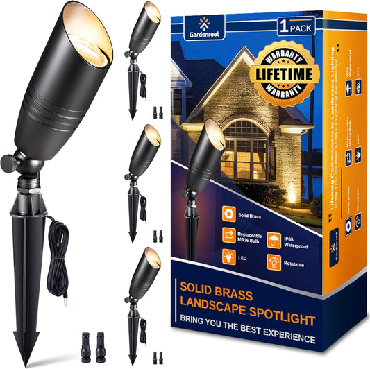 Gardenreet Brass Landscape Lighting - Black Low Voltage Spotlights Outdoor LED, 12V Wired Uplights, Waterproof Spot Lights, Adjustable Focus for Outside Trees Without MR16 Bulb (4 Pack)