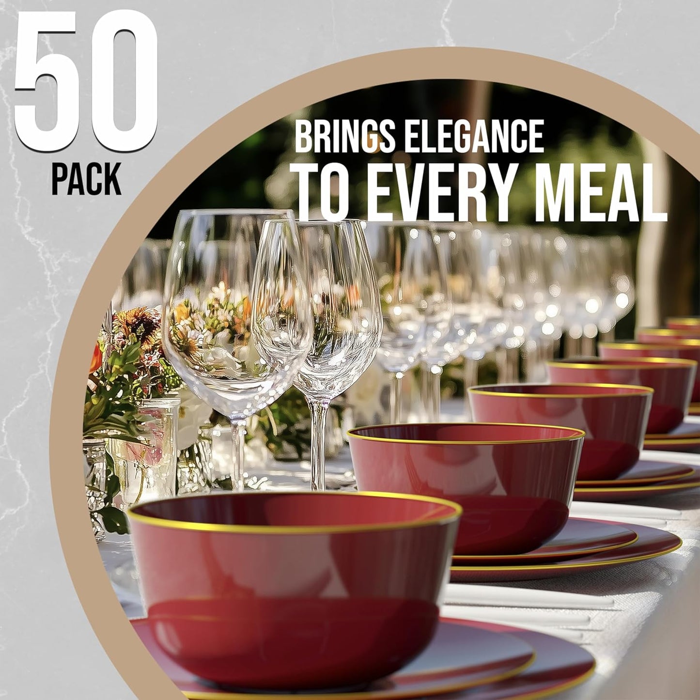 Trendables Plastic Bowls Disposable Bowls 24 Oz Bowl Set Of 50 Burgundy Gold Rimmed Fancy Plastic Serving Dishes Perfect for Parties and Events Disposable Candy Bowl