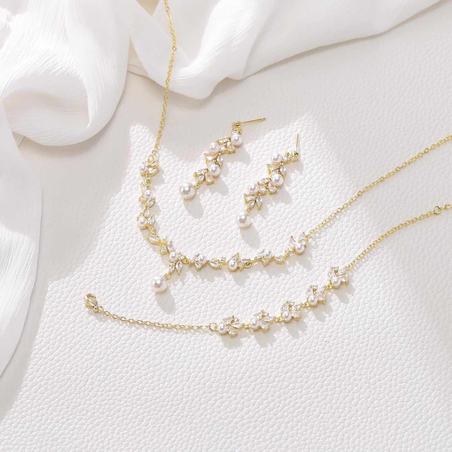 EleQueen Women's Simulated Pearl Wedding Jewelry Set, Cubic Zirconia Marquise Floral Bridal Necklace Earrings Bracelet Sets