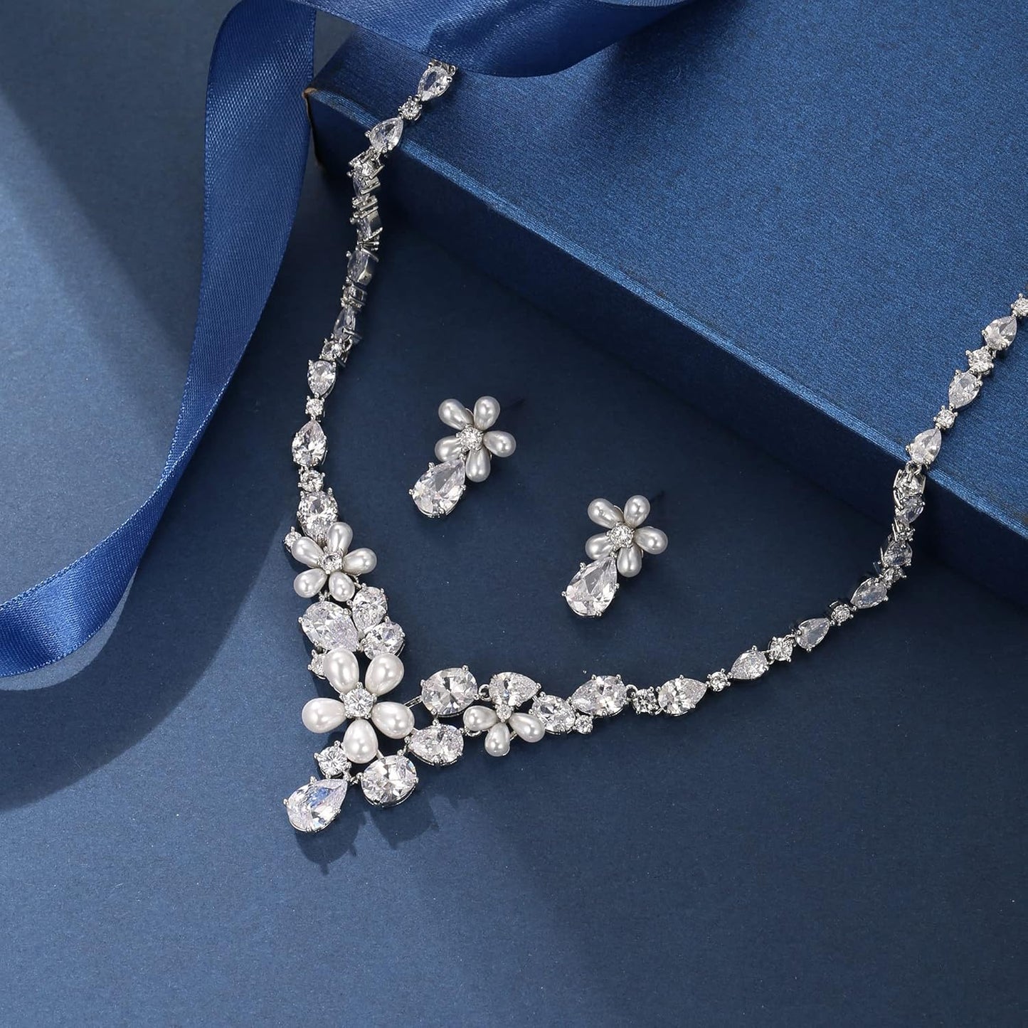 EleQueen Women's Simulated Pearl Wedding Jewelry Set, Cubic Zirconia Marquise Floral Bridal Necklace Earrings Bracelet Sets