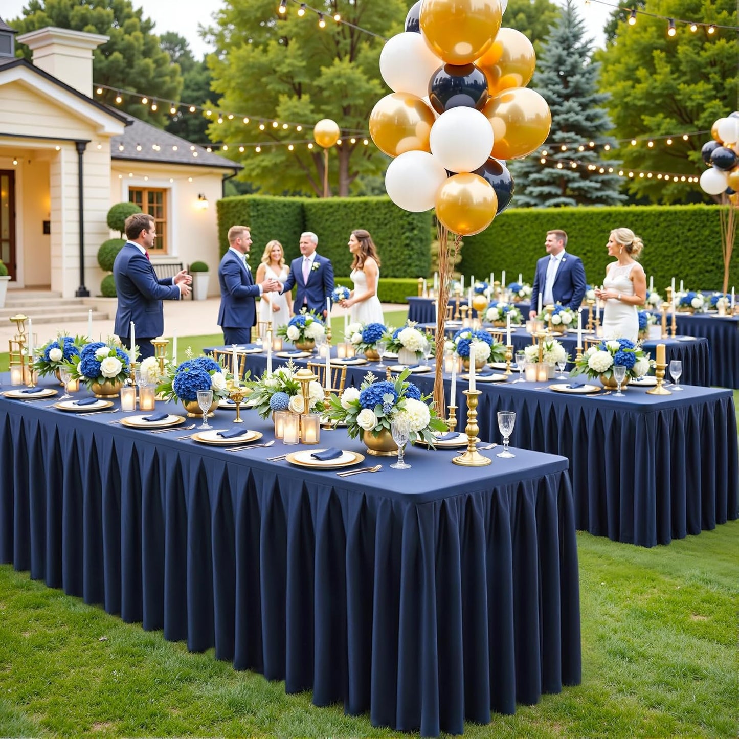 4 Pack Navy Blue Rectangle Tablecloth 8 FT Stretch Spandex Fitted Table Cloth for 8 Foot Rectangle Tables Banquet Tablecloths Wrinkle Free Table Cover Skirt Ruffle Tablecloth for Party Wedding