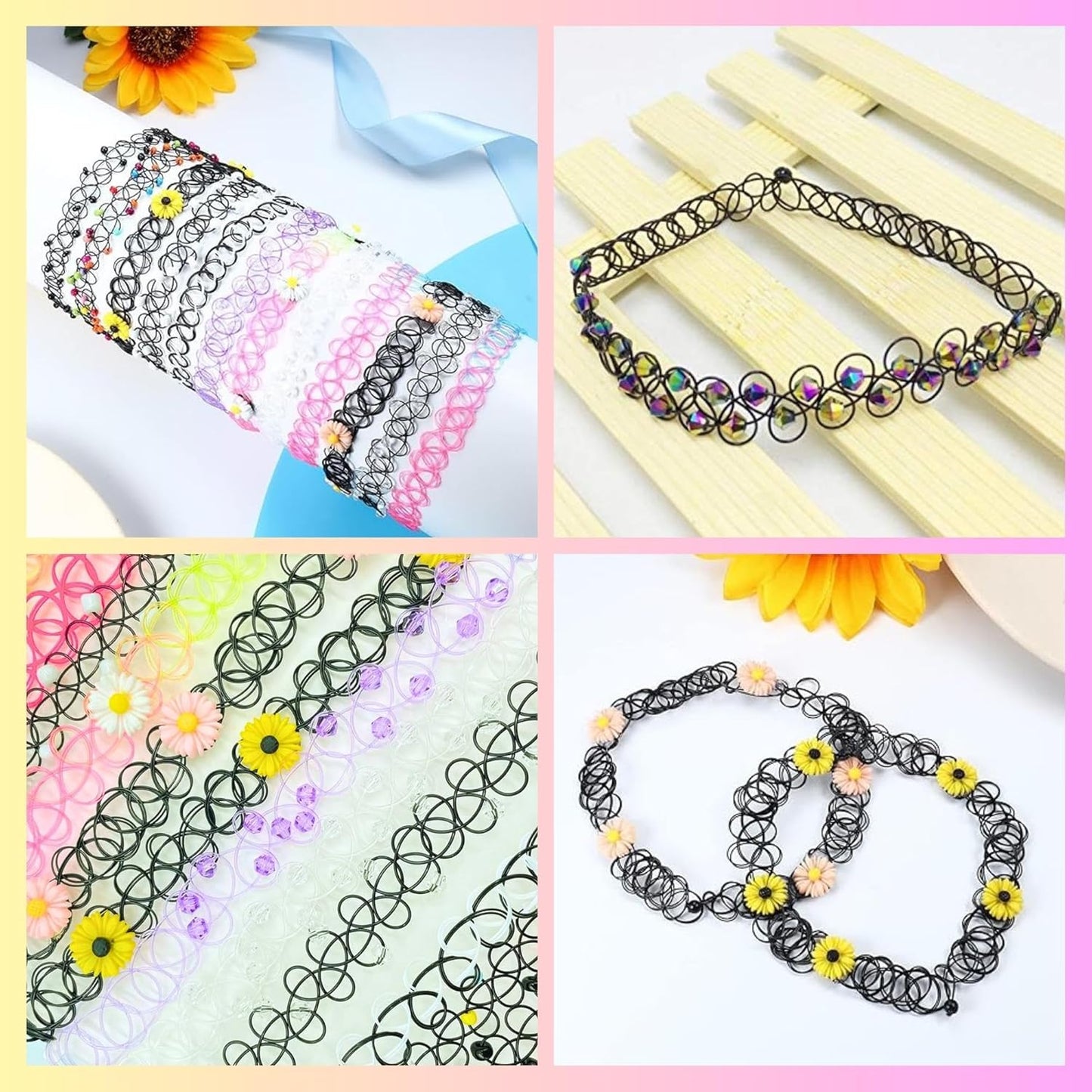 BodyJ4You 24PC Tattoo Choker Necklace - 90s Choker Necklaces Y2K Fashion Trendy Vintage - Daisy Flower Charm Colorful Rainbow Black Goth Pendant - Stretchy Elastic Necklace Summer Gift Set