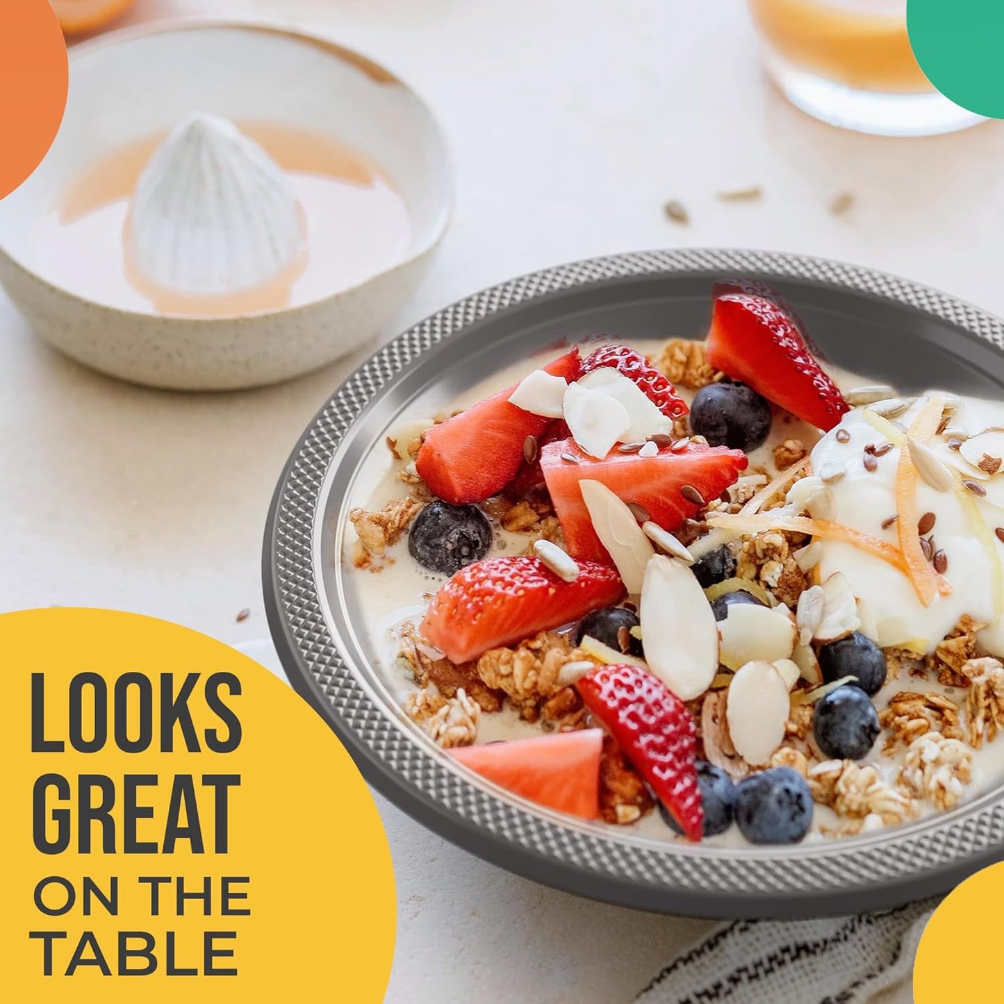 Exquisite Party Solids 12 Oz Silver Plastic Bowls Disposable Bowls for Hot Food Soup 100 Pcs - For Soup, Salad, Cereal, Desserts & Party Supplies