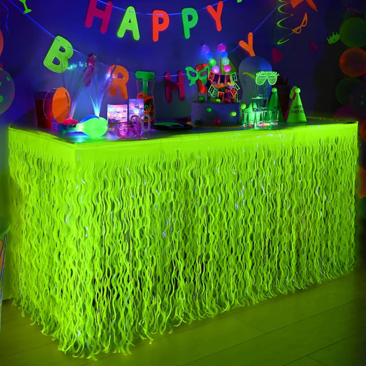 Mega-L Glow in The Dark Party Supplies, 2 Pack Neon Party Decorations Fluorescent Macaron Yellow Wavy Metallic Tinsel Foil Fringe Table Skirts, Perfect Table Decors for Glow Birthday Decor