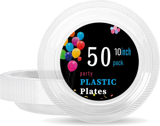 WELLIFE 10 Inch Plastic Plates Clear 50 Count Disposable Plate for Party, Large Big Plates for Dinner Party Supplies Birthday Camping BBQ
