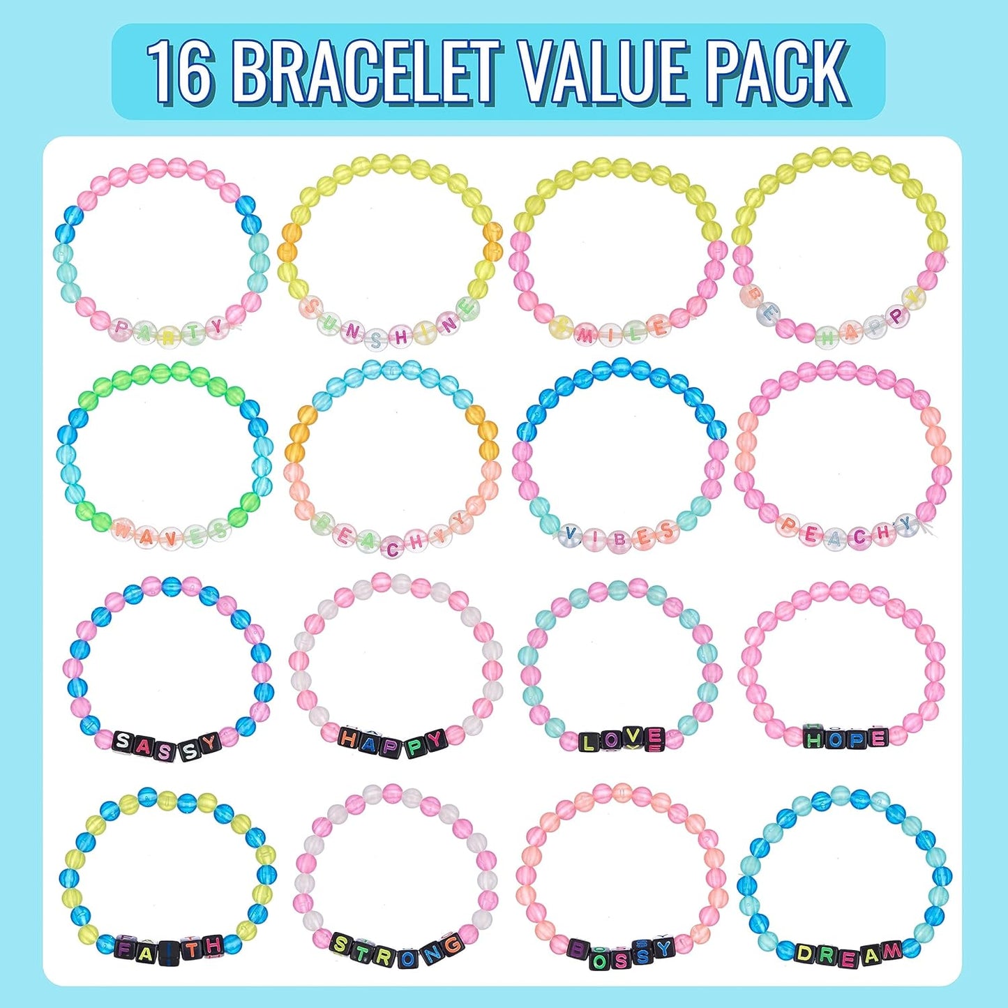 Expressions 16pc Tear & Share Bracelets w/ GLOW IN THE DARK Beads - Novelty Message To Share With Friends, Colorful Letter Beaded Bracelets, Shareable Party Favor Jewelry For Kids And Teens