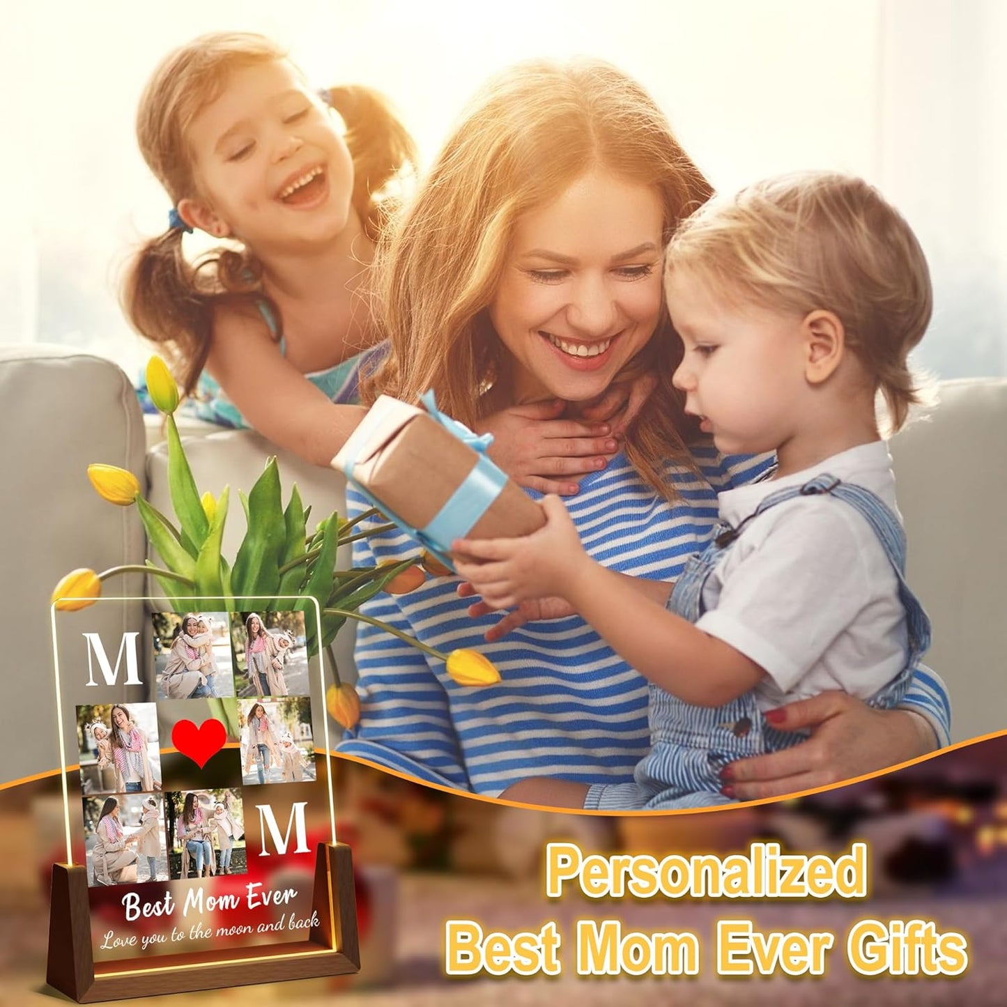 Personalized Mothers Day Birthday Gifts For Mom, Custom Best Mom Ever Gifts From Daughter Son Husband, Customized LED Plaque Picture Frame With Photo Name For Mama Grandma Wife Women Christmas Gift