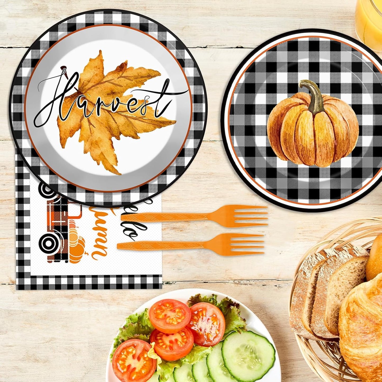 200 PCS Thanksgiving Tableware Disposable Fall Autumn Party Supplies Dinnerware Set Happy Harvest Plate, Hello Autumn Napkin,Fork Thanksgiving Fall Theme Party Decoration Serve 50 guest