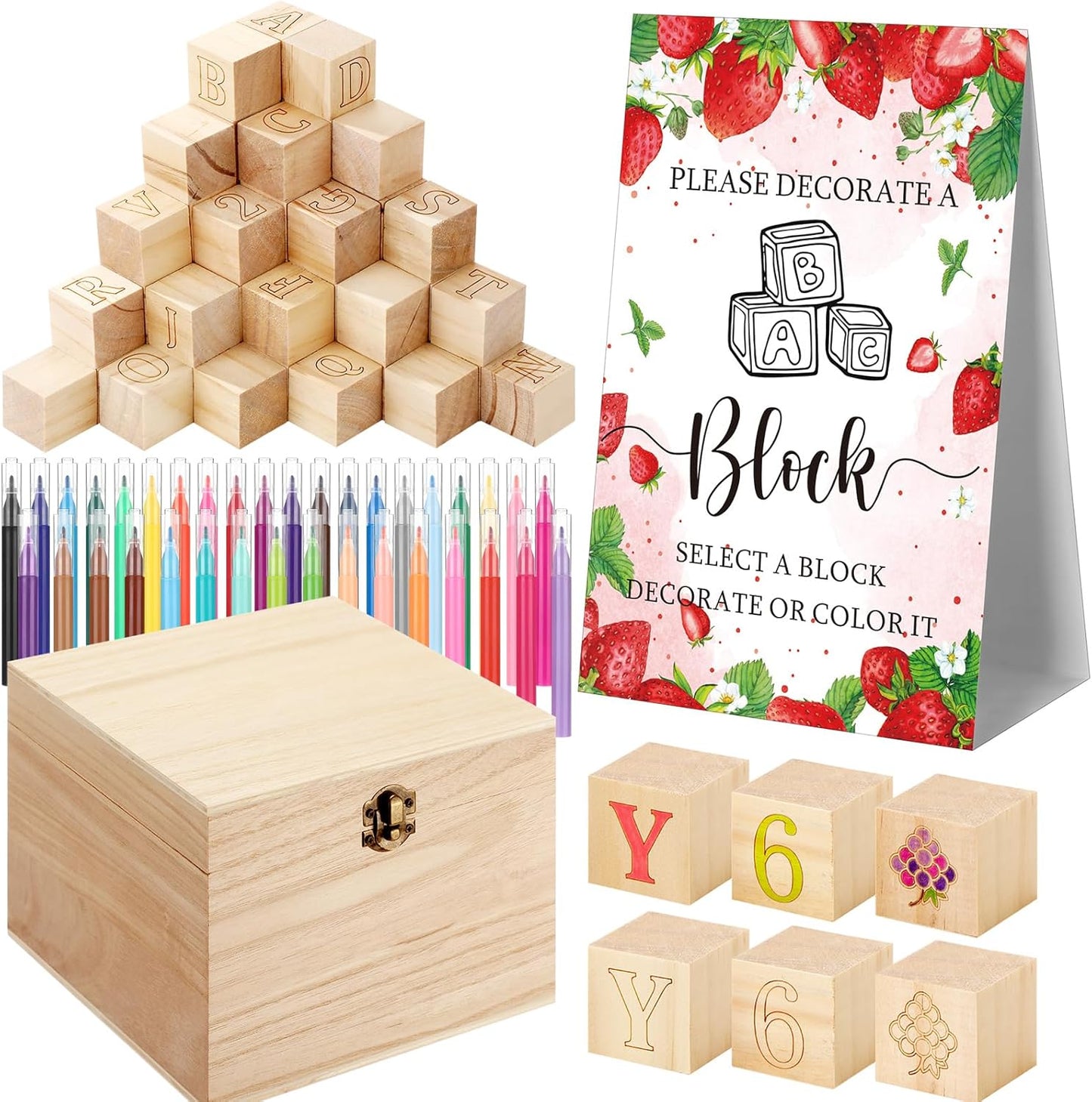 Marsui 136 Pcs Baby Shower Blocks to Decorate Game Kit Includes 98 Wooden Blocks, 36 Markers, 1 Game Sign, 1 Storage Box for Baby Shower Gender Reveal Activity Party Decorations(Strawberry)