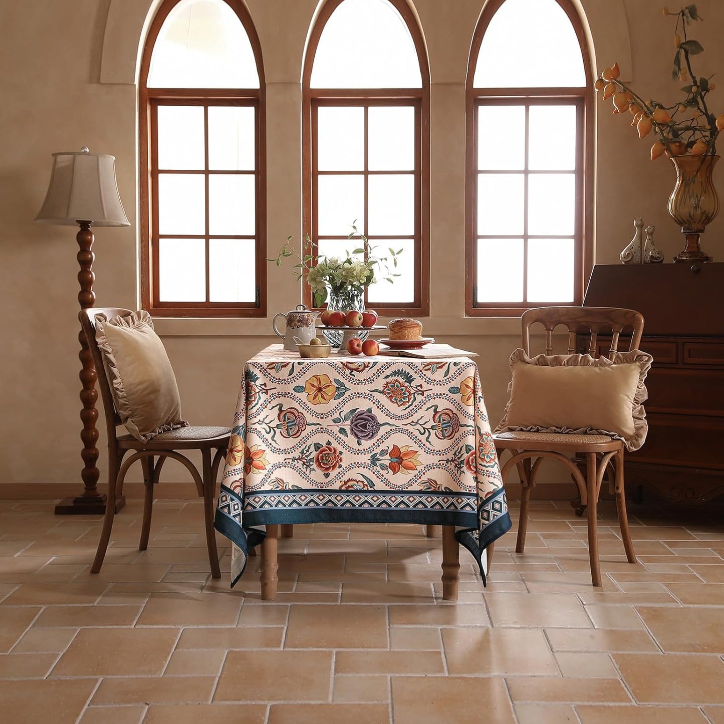 Vintage French Square Tablecloth,Linen Durable Tablecloth with Rose and Cornflower Pattern,Decorative Table Cover for Kitchen,Dining,Thanksgiving,Christmas,Tea Party,67"*67"-Lanae