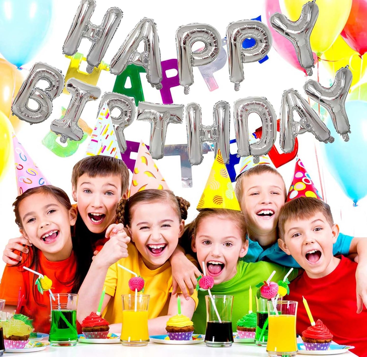KALOR Silver Happy Birthday Balloons Banner, 16 Inch Mylar Foil Letters Balloon Sign for Women, Men, Boys & Girls Kids Birthday Decorations Photo Backdrop