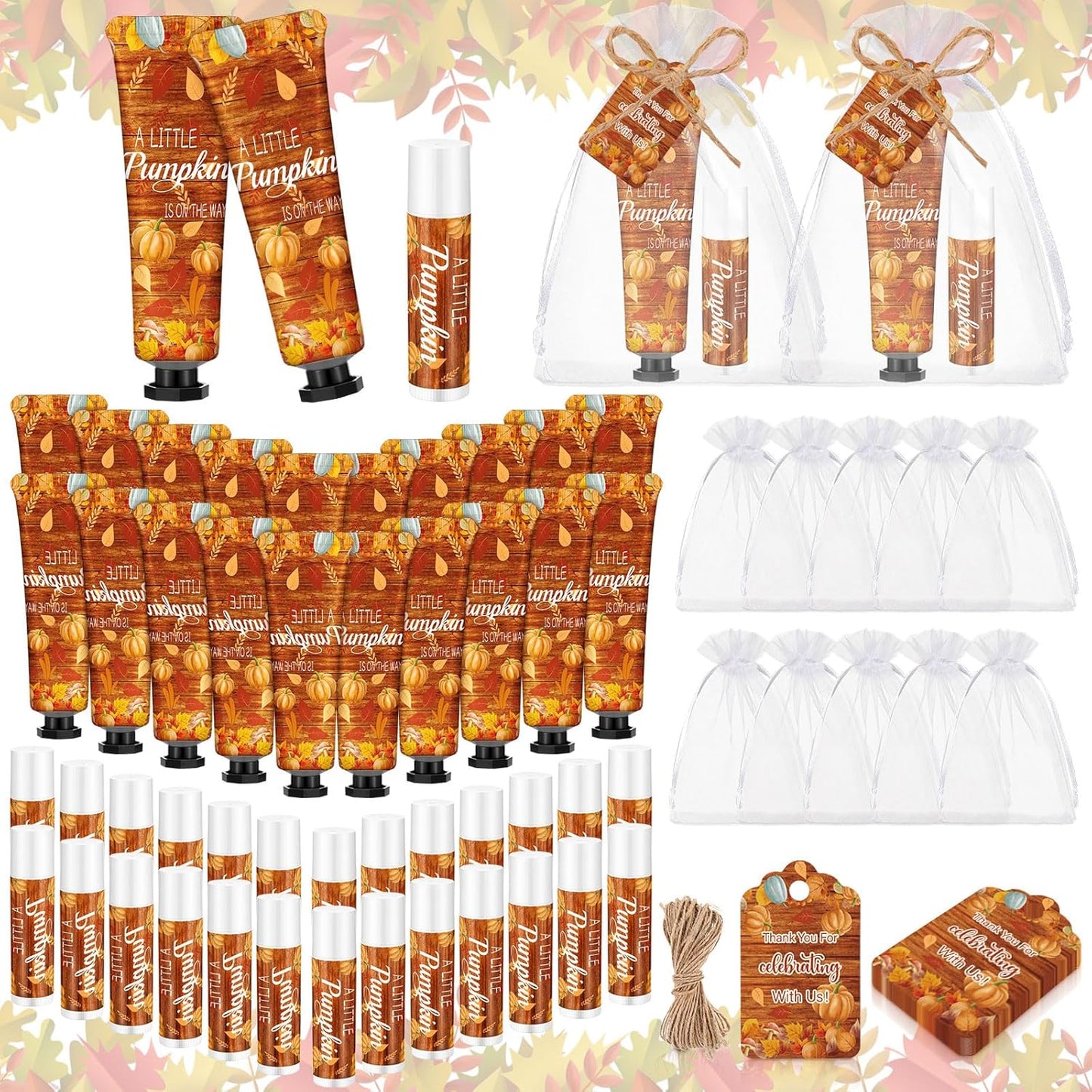 48 Sets 192 Pcs Fall Thanksgiving Baby Shower Gifts Bulk Thanksgiving Little Pumpkin Hand Cream and Lip Balm Baby Shower Party Favors Travel Size for Guests Wedding Party Supplies
