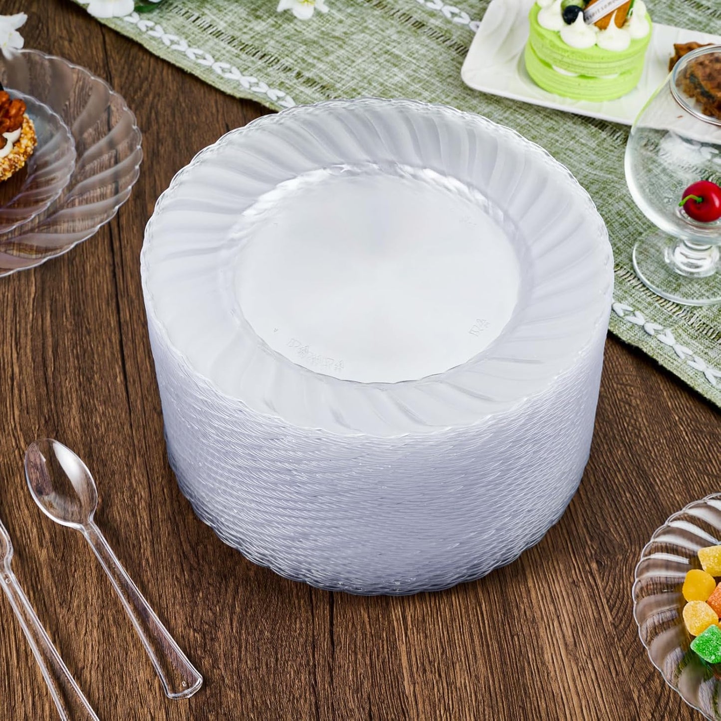 FOCUSLINE 100 Count Clear Plastic Plates 9 Inch, Disposable Heavy Duty Dinner Plates- Premium Hard Plastic Plate Fancy Disposable Clear Plates for Weddings, Parties and Events