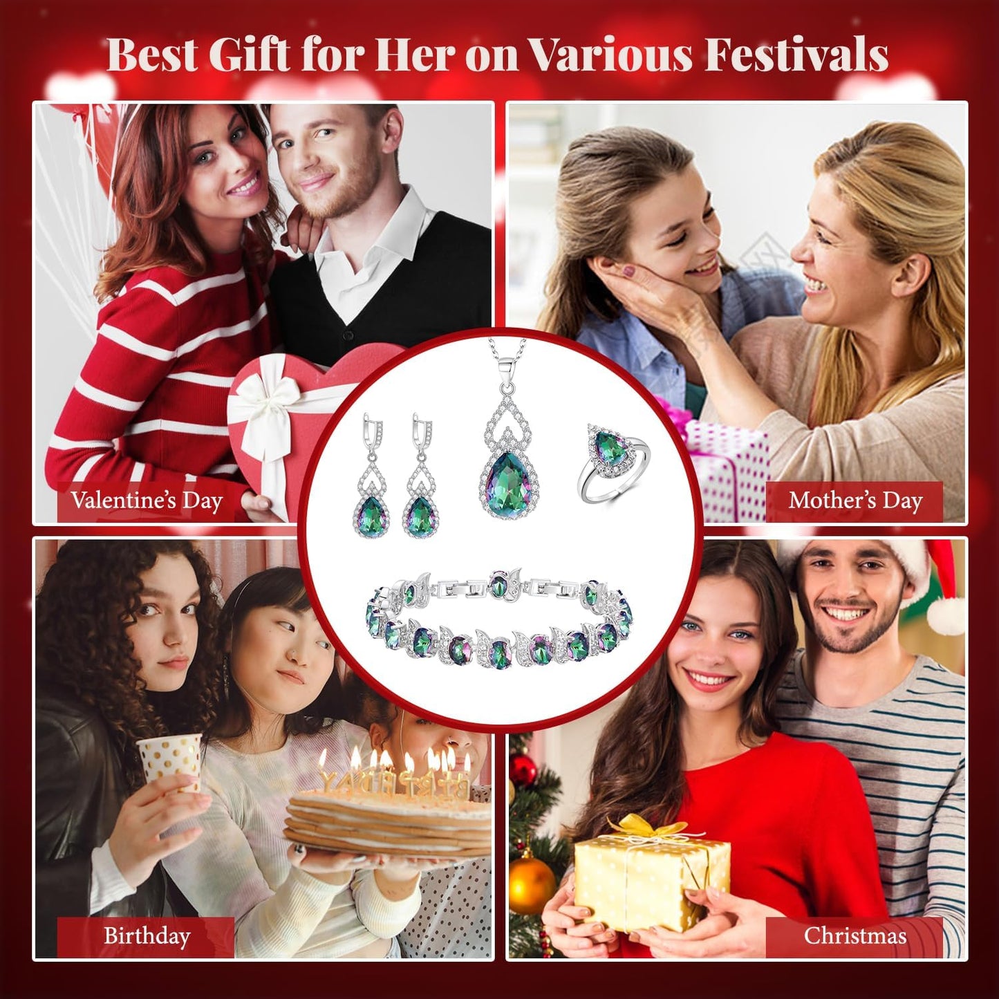 BriLove Wedding Jewelry Set for Women Bride Bridesmaid, Gorgeous Cubic Zirconia Teardrop Necklace Earrings Bracelet Adjustable Ring Jewelry Gift for Birthday/Anniversary/Mother’s Day