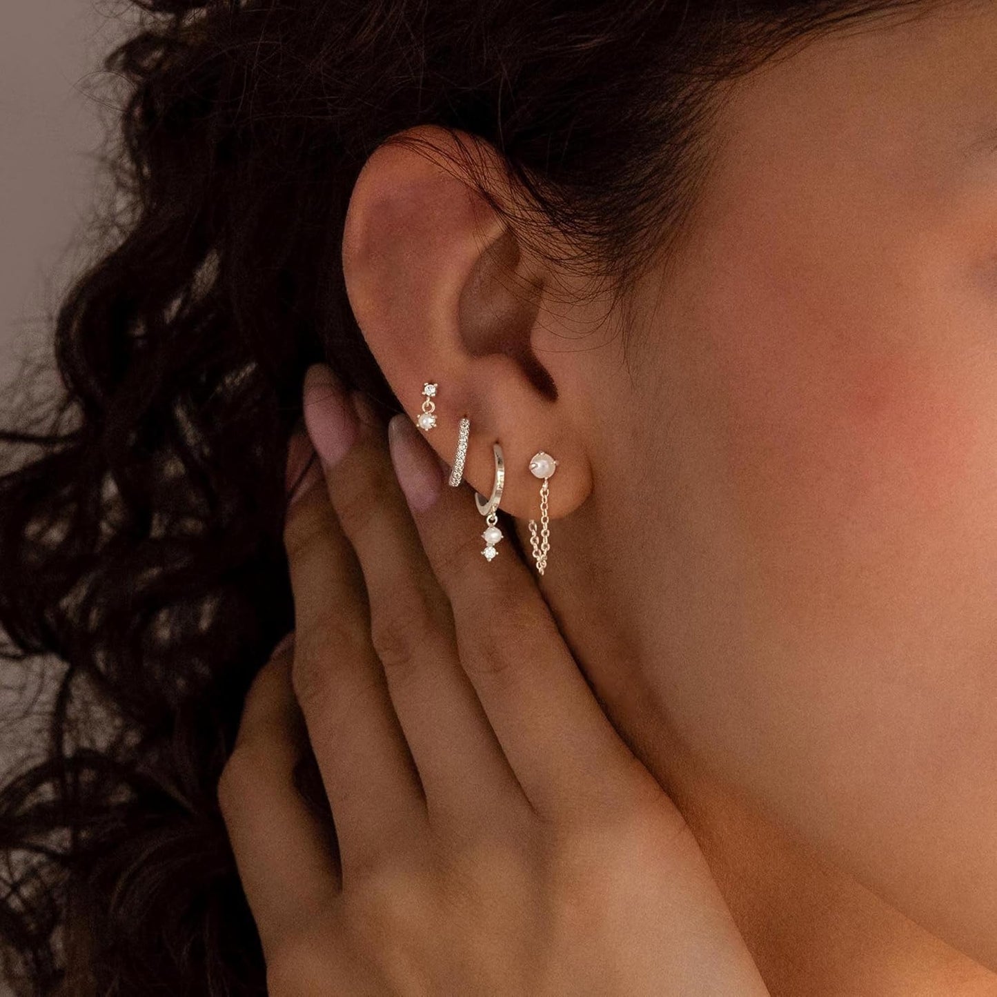 Gold Earrings for Women, 14k Gold Plated Dangle Huggie Earrings for Women Trendy Dainty Gold Hoop Earring Stacks Hypoallergenic Pearl Chain Drop Cartilage Earring Fashion Womens Jewelry