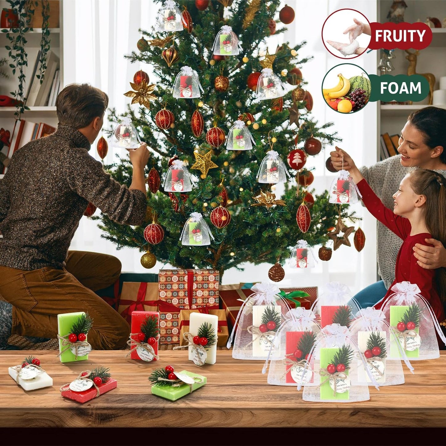 48 Set Christmas Party Favors Bar Soap Gift Bulk Handmade Mini Soaps with Tags Drawstring Gift Bag, Guests Return Thank You Gifts for Xmas Goodie Bags Stocking Stuffers Wedding Party Favors