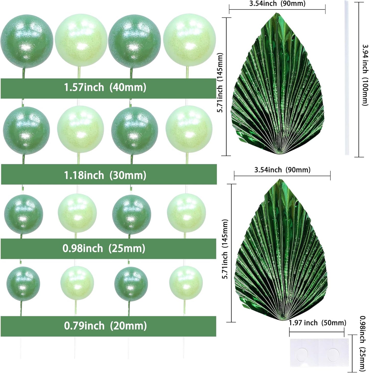 Ephlyn 28Pcs Paper Palm Fan Cake Topper Balls Cake Pick Wedding Bridal Shower DIY Cake Decorations for Baby Shower Wedding Birthday Anniversary Party Supplies Light Green