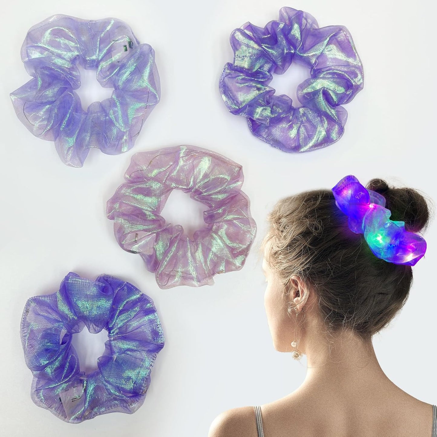 4Pcs Light Up Scrunchies Christmas Hair Tie, Purple LED Scrunchy Hair Elastic for Women & Girls, Glow in the Dark Party Supplies Party Favor Festival Rave Accessories for Neon Glow Party