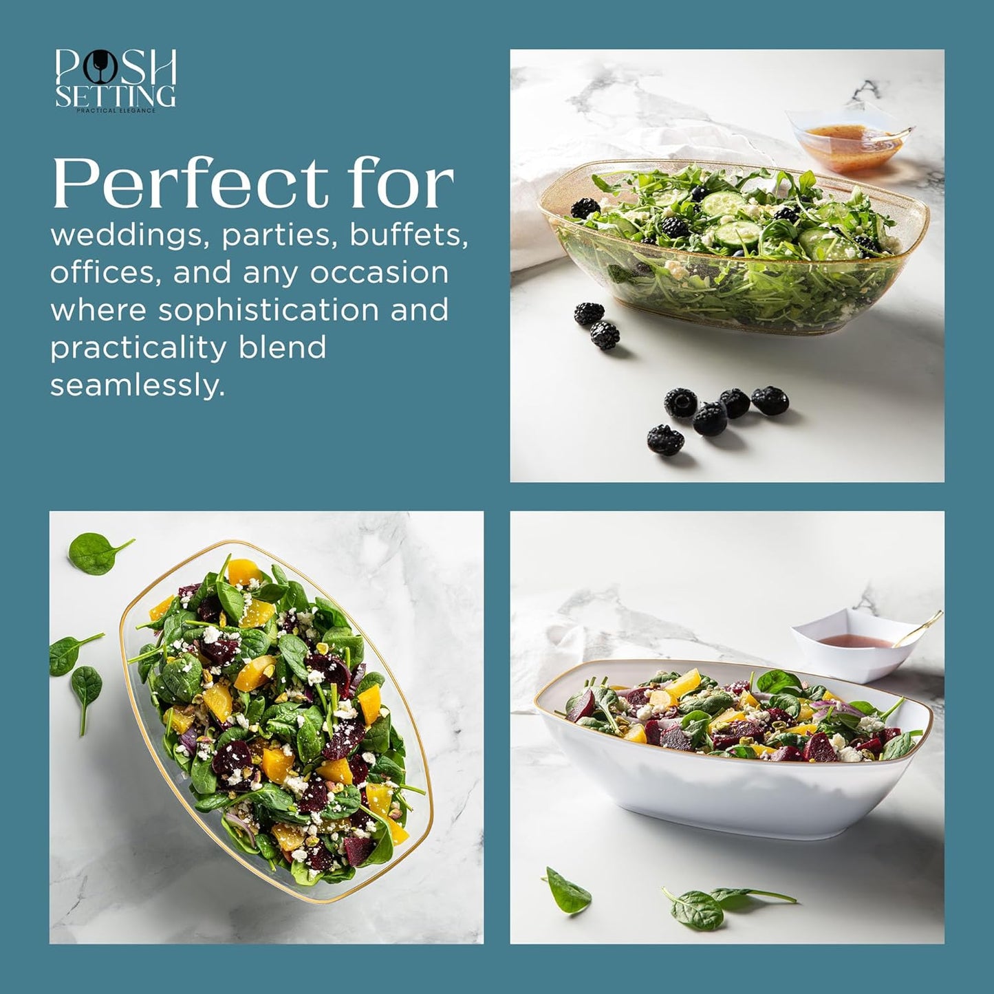 Posh Setting Black Plastic Serving Bowls Disposable - Oval Bowls - Oval Candy Bowl - Plastic Snacks & Chip Bowls for Parties - Black Party Serving Dishes 4 pack