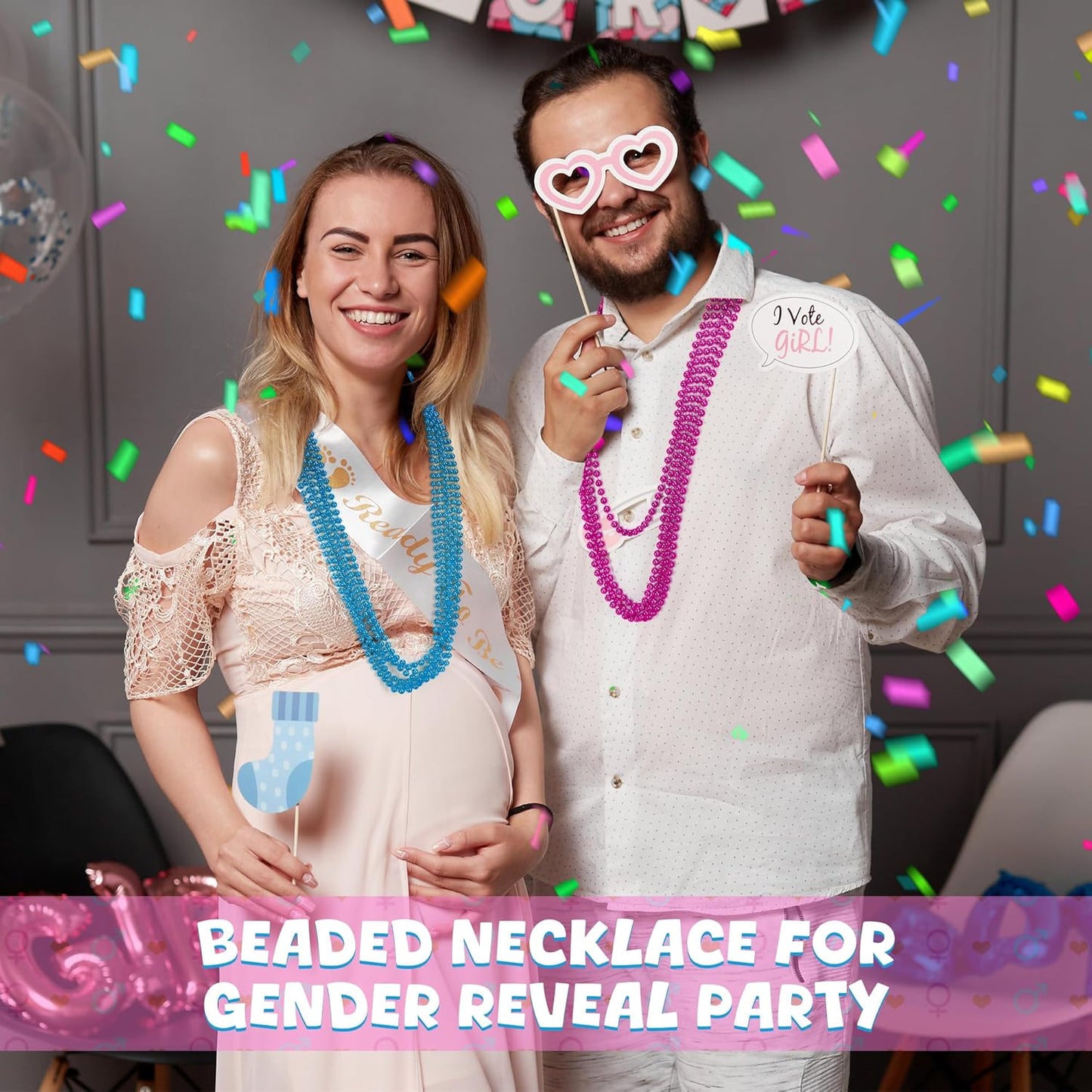 120 PCS Baby Gender Reveal Beads, 33'' Gender Reveal Necklace Decorations, Pink and Blue Round Bead Necklaces Bulk for Team Boy Team Girl, Creative Baby Gender Reveal Party Supplies Accessories