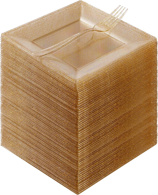 Goodluck 240PCS 6.5" Square Gold Glitter Dessert Plastic Plates with 7.4" Forks, Gold Appetizer Plates for 120 Guests, Including 120 Disposable Cake Plastic Plates and 120 Forks for Wedding/Birthday