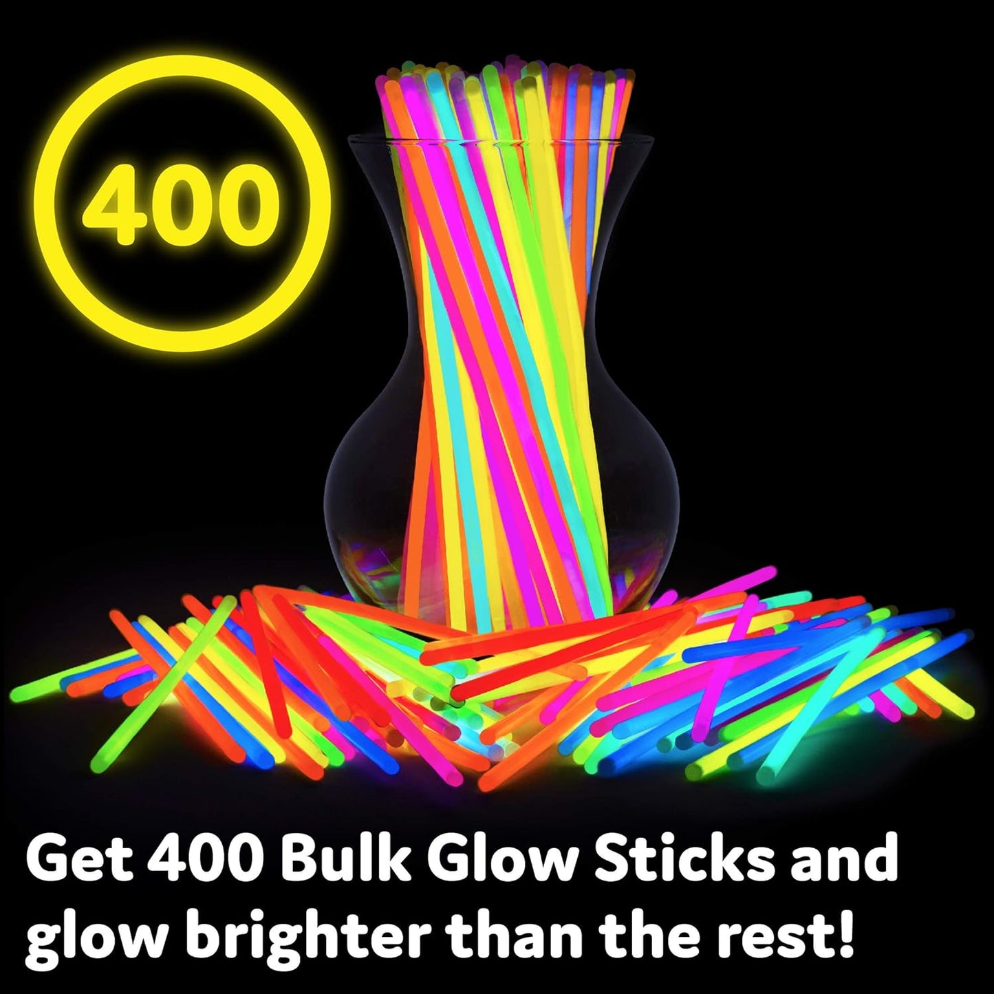 PartySticks Ultra Bright Glow Sticks Bulk Party Supplies 400 Pack - 8" Glow in the Dark Light Up Halloween Party Favors, Glow Decorations, Neon Party Necklaces and Bracelets with Connectors