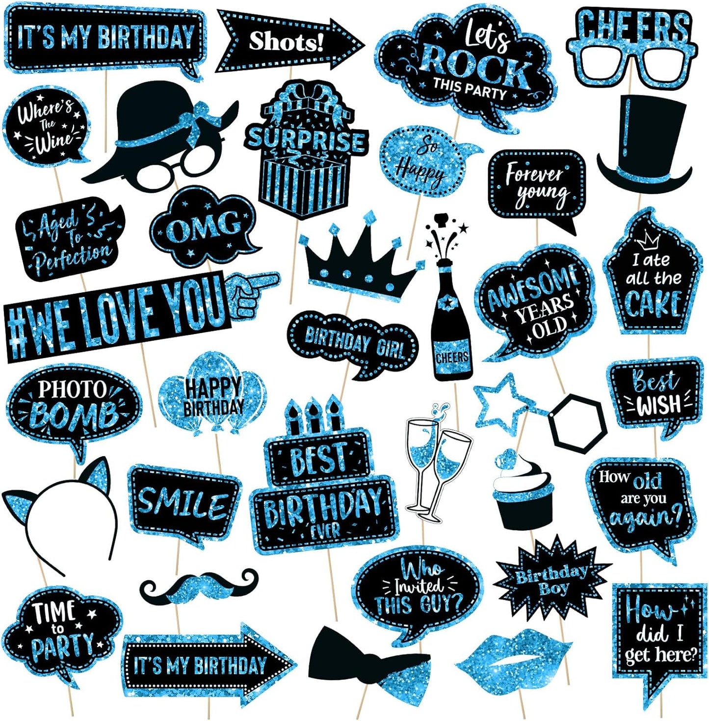 Outus 36 Pcs Birthday Photo Booth Props Kit Happy Birthday Graduation Wedding Party Favors Supplies Bday Party Decor 40th- 50th-60th Photobooth Funny Cute Holiday Selfie Supplies(Blue and Black)