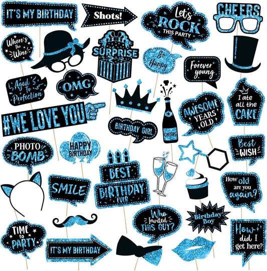 Outus 36 Pcs Birthday Photo Booth Props Kit Happy Birthday Graduation Wedding Party Favors Supplies Bday Party Decor 40th- 50th-60th Photobooth Funny Cute Holiday Selfie Supplies(Blue and Black)