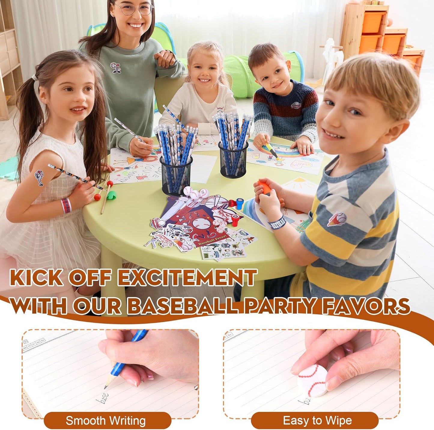 Aneco 340 Piece Baseball Party Favor Set Baseball Goodie Bag Stuffers Mini Card Pencil Sharpener Eraser Stamp Slap Bracelet Sticker School Stationery Bulk for Sport Party Team Game Prize Birthday Gift