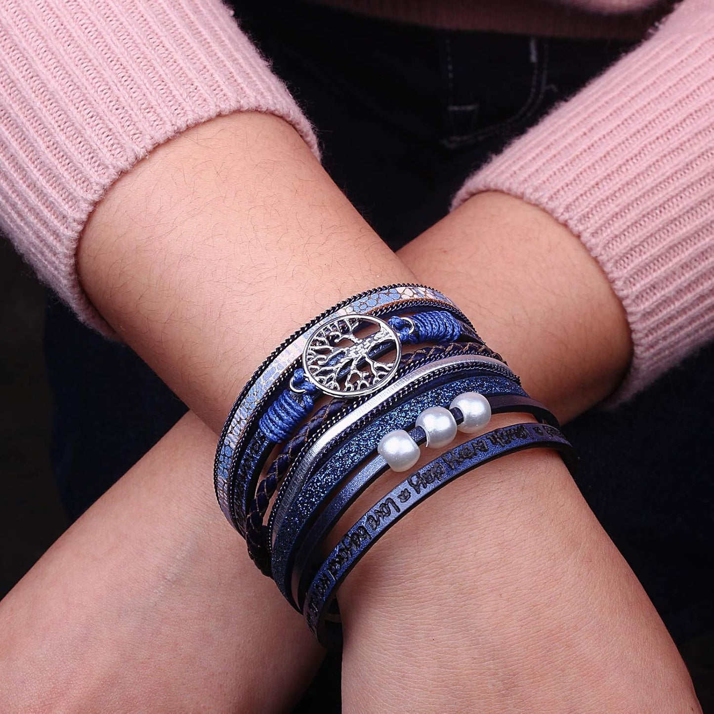 FANCY SHINY Tree of Life Leather Wrap Bracelet Inspirational Cuff Bangles Boho Pearl Bracelets with Magnetic Clasp Unique Jewelry Gifts for Women