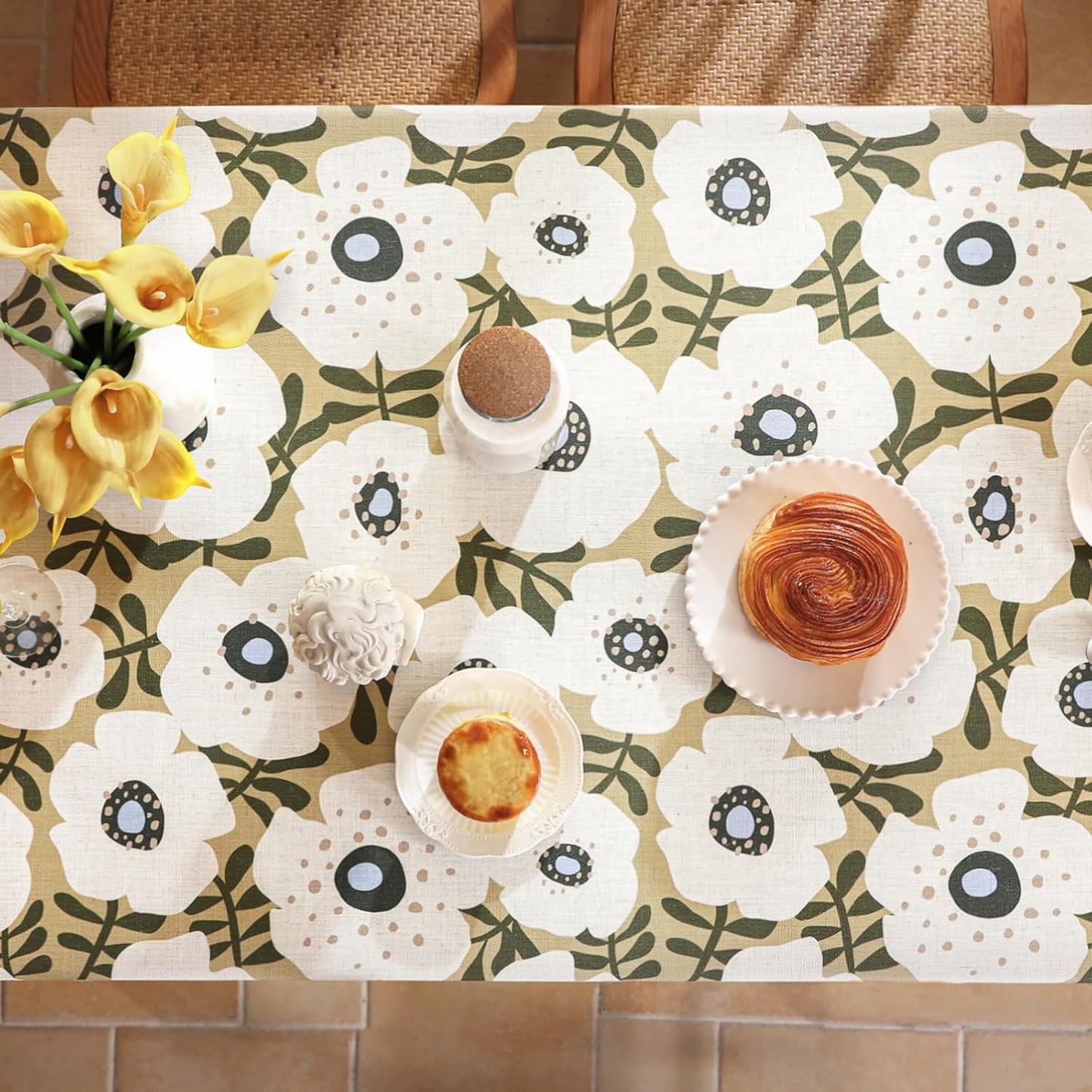 Designer Vintage Rectangular Tablecloth,Linen French Extra Long Tablecloth with White Floral Pattern,Decor Table Cover for Kitchen,Dining,Thanksgiving,Christmas,Party,63"*110"-Hidaka