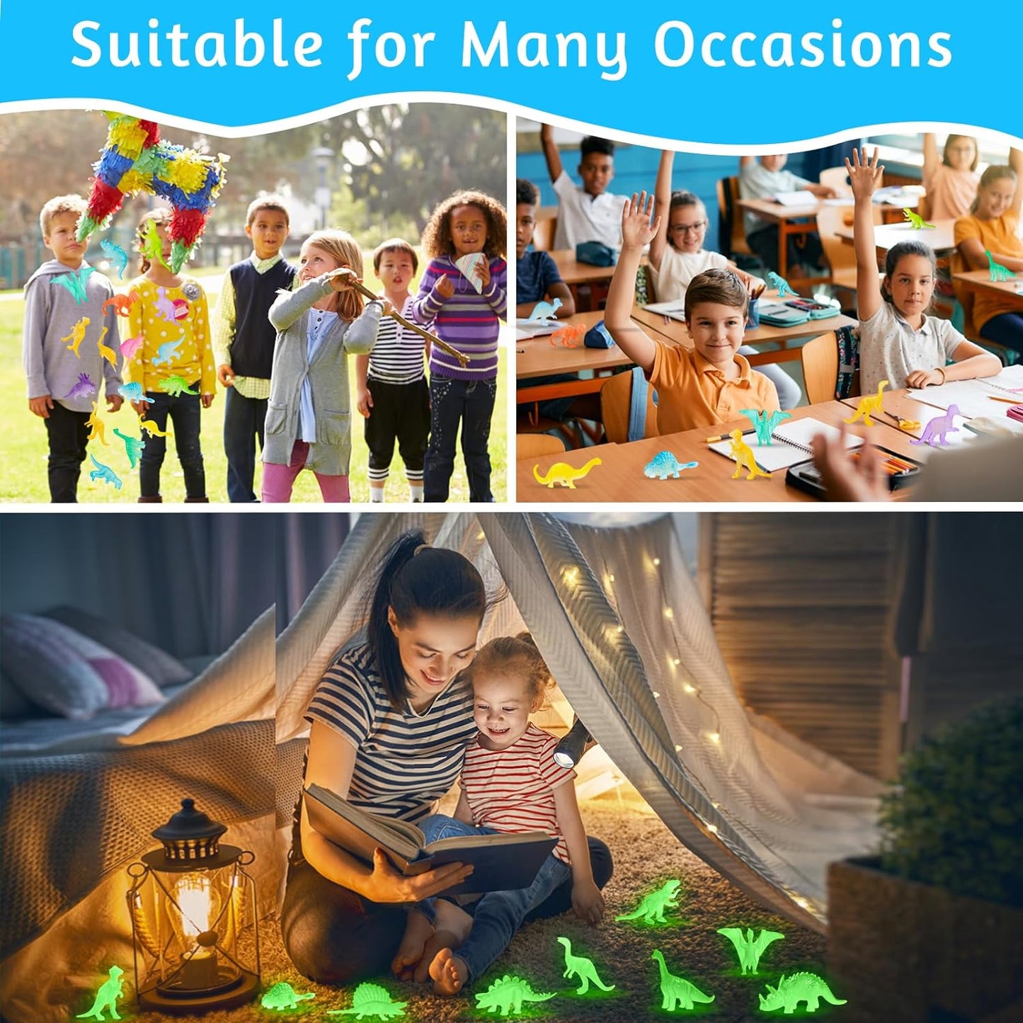 16PCS Glow in Dark Mini Dinosaur Figures for Kids Birthday Party Favors Supplies Dino Cupcake Topper Decoration Goodie Treat Bag Stuffers Pinata Fillers Treasure Carnival Prizes Small Bulk Toy Trinket