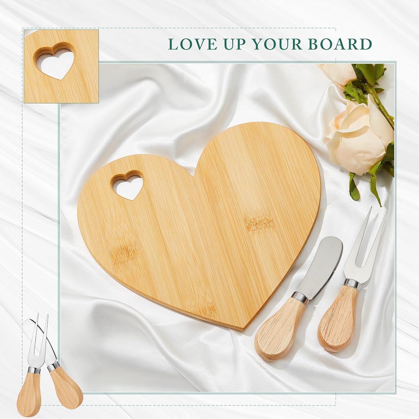 Patelai 36 Set Bridal Shower Favor Heart Cheese Board Cheese Knives Wood Mini Charcuterie Board Thank You Gift Box for Guest Bridal Baby Shower Prize Wedding Birthday Valentines (Bamboo Color)