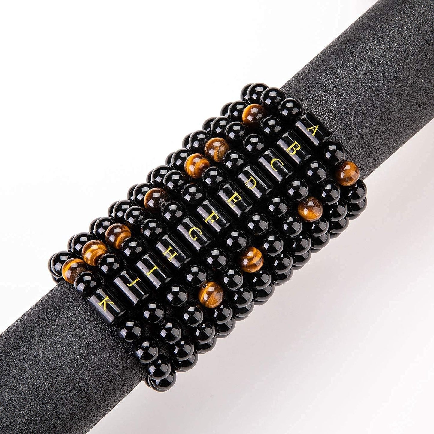 FRG Initials Bracelets for Men Letter Link Handmade Natural Black Onyx Tiger Eye Stone Beads Braided Rope Meaningful Bracelet