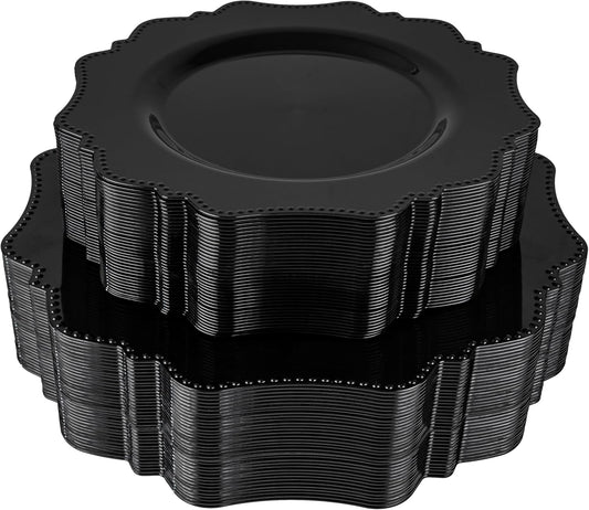 COLOSUS 100pcs Black Plastic Plates - Heavy Duty Black Plastic Plates Disposable for Party/wedding Include 50pcs Dinner Plates and 50pcs Dessert Plates.