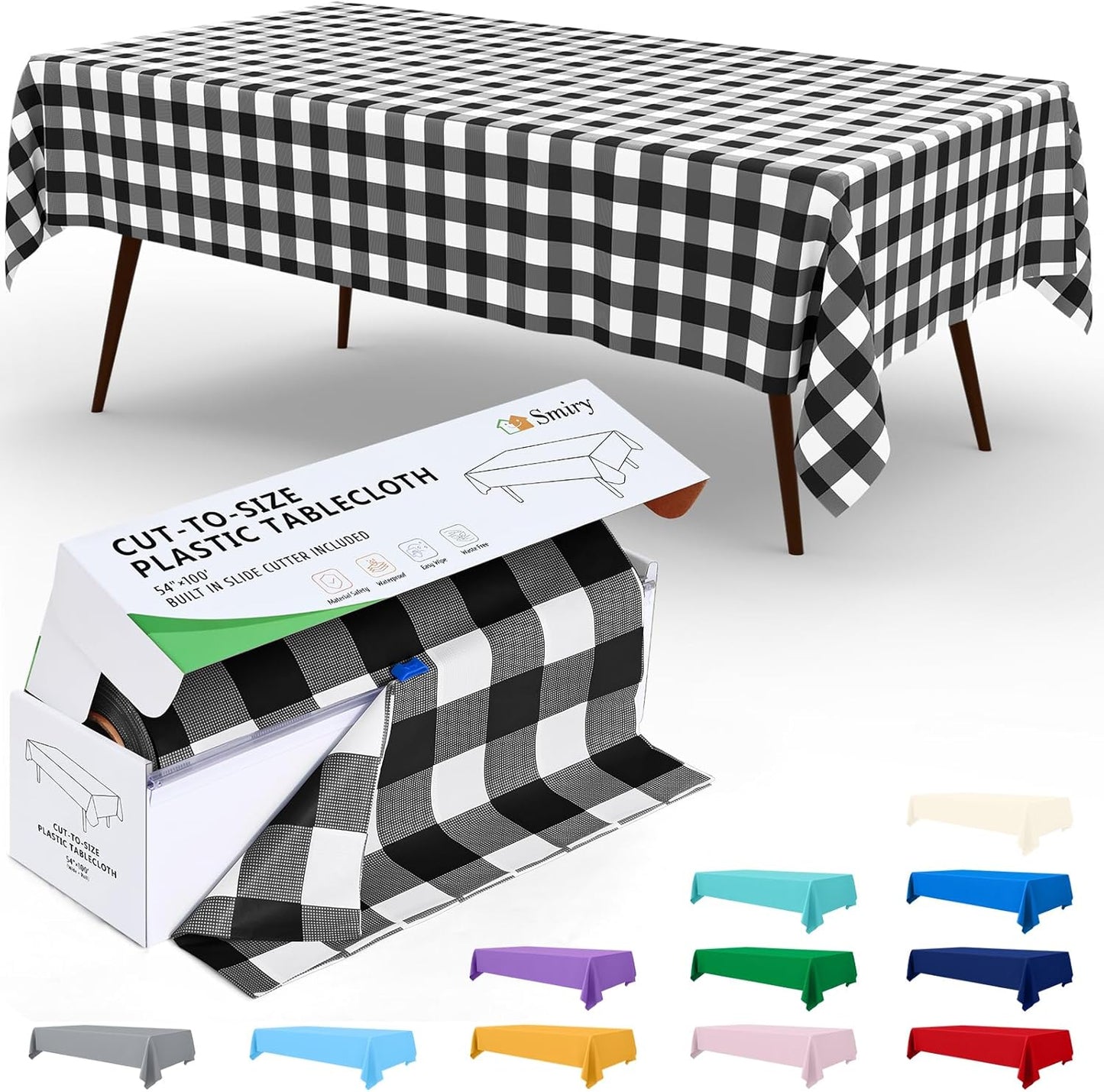 Smiry 54 Inch x 300 Feet Disposable Table Cover Roll, Black & White Plastic Table Cloth in Cut-to-Size Box with Slide Cutter, Waterproof Rectangle Tablecloths for Weddings, Banquets, Outdoor