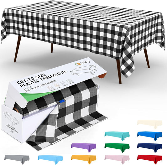 Smiry 54 Inch x 100 Feet Disposable Table Cover Roll, Black & White Plastic Table Cloth in Cut-to-Size Box with Slide Cutter, Waterproof Rectangle Tablecloths for Weddings, Banquets, Outdoor
