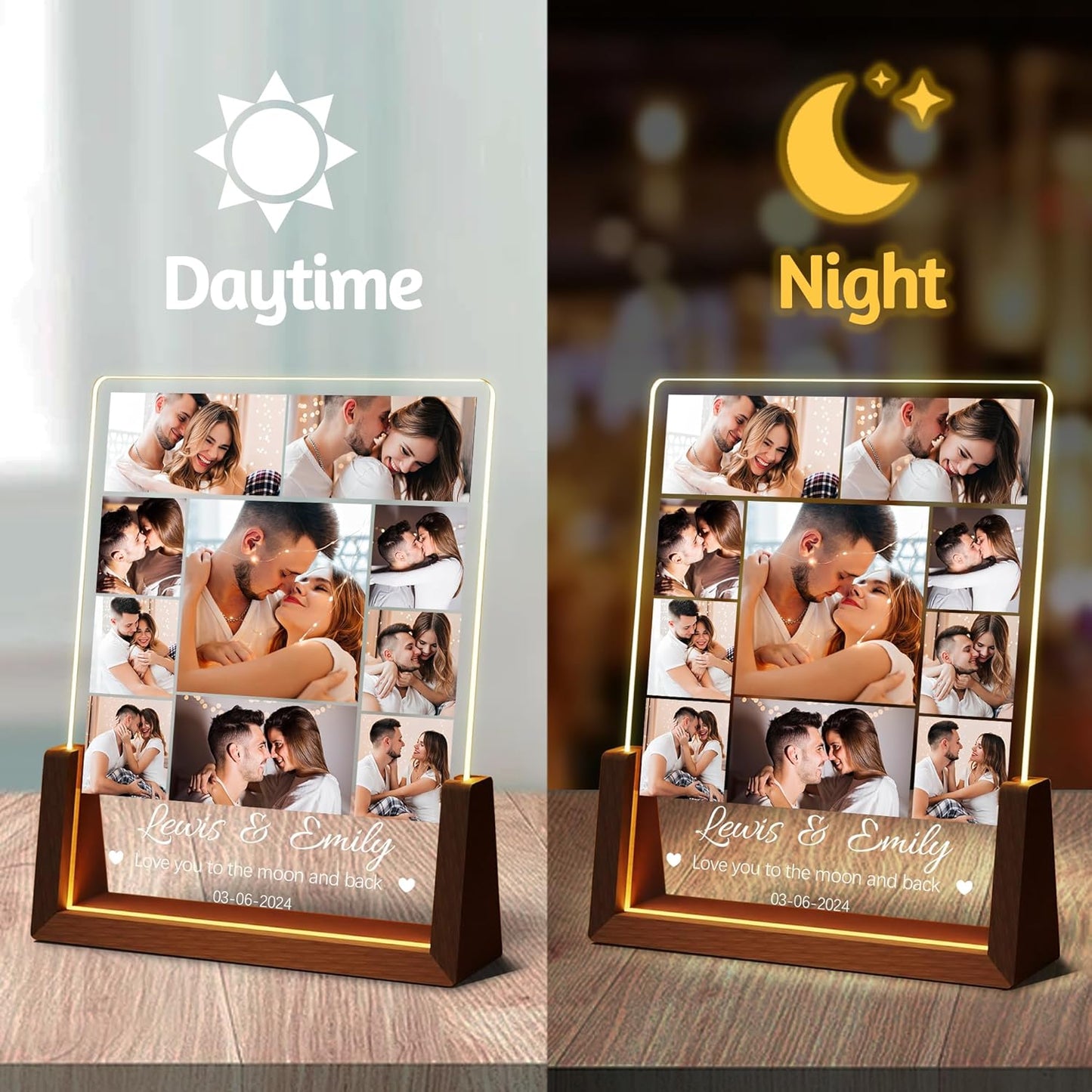 Personalized Couple Birthday Gifts For Him Her Boyfriend Girlfriend, Custom Light Up Photo Frame Acrylic Plaque With Picture Name, Customized Anniversary Christmas Wedding Gifts For Women Men