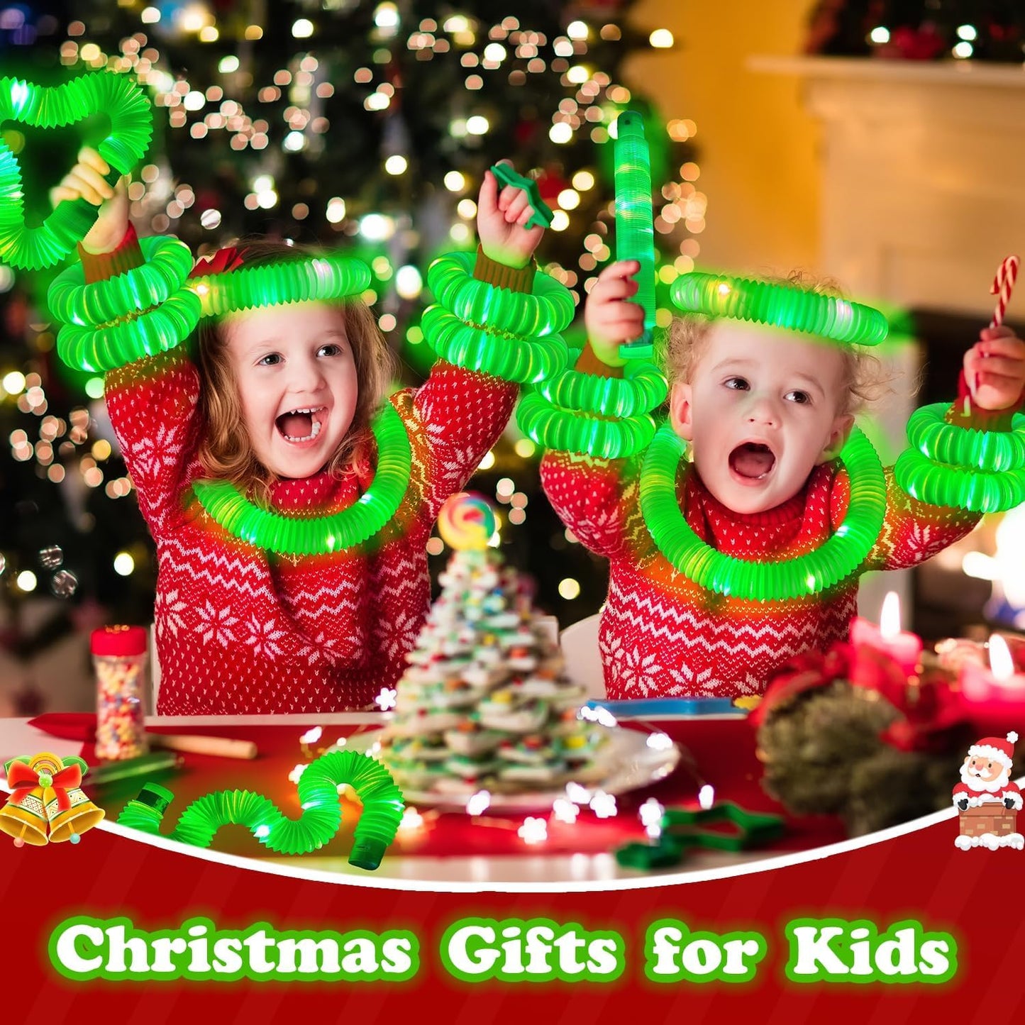 12-24 PCS Green Glow Sticks Christmas Party Favors for Kids,LED Light up Pop Tubes for Toddlers,Neon Necklaces Bracelets Accessories,Glow New Year Eve Party Supplies Birthday Dance Camping Decorations