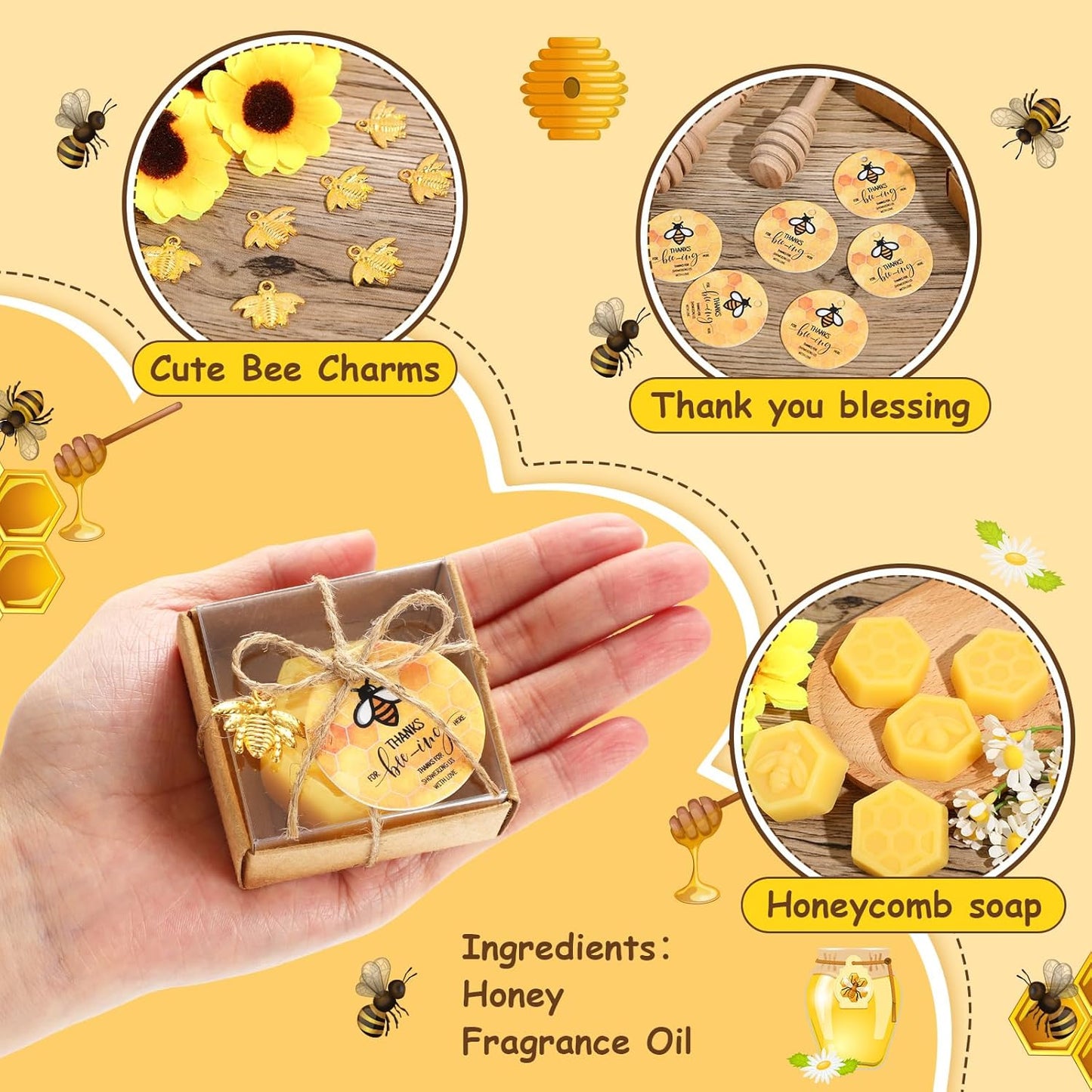 24 Set Baby Shower Bee Party Favors Honeycomb Bee Soap Handmade Scent Soaps with Gift Box Thank You Cards cute Charms for Guest Gender Reveal Keepsake Wedding gifts Decorations (Solid)