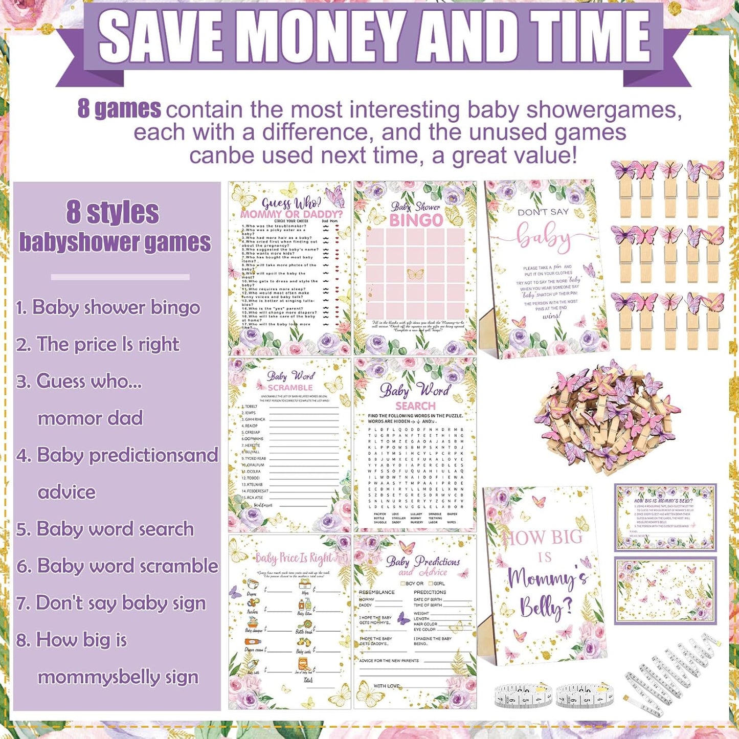 426 Pcs Butterfly Baby Shower Games Set-8 Games, Includes Baby Shower Bingo, Price is Right, Guess Who, Word Scramble, Prediction and Advice, How Big is Mommy's Belly, Don't Say The Words