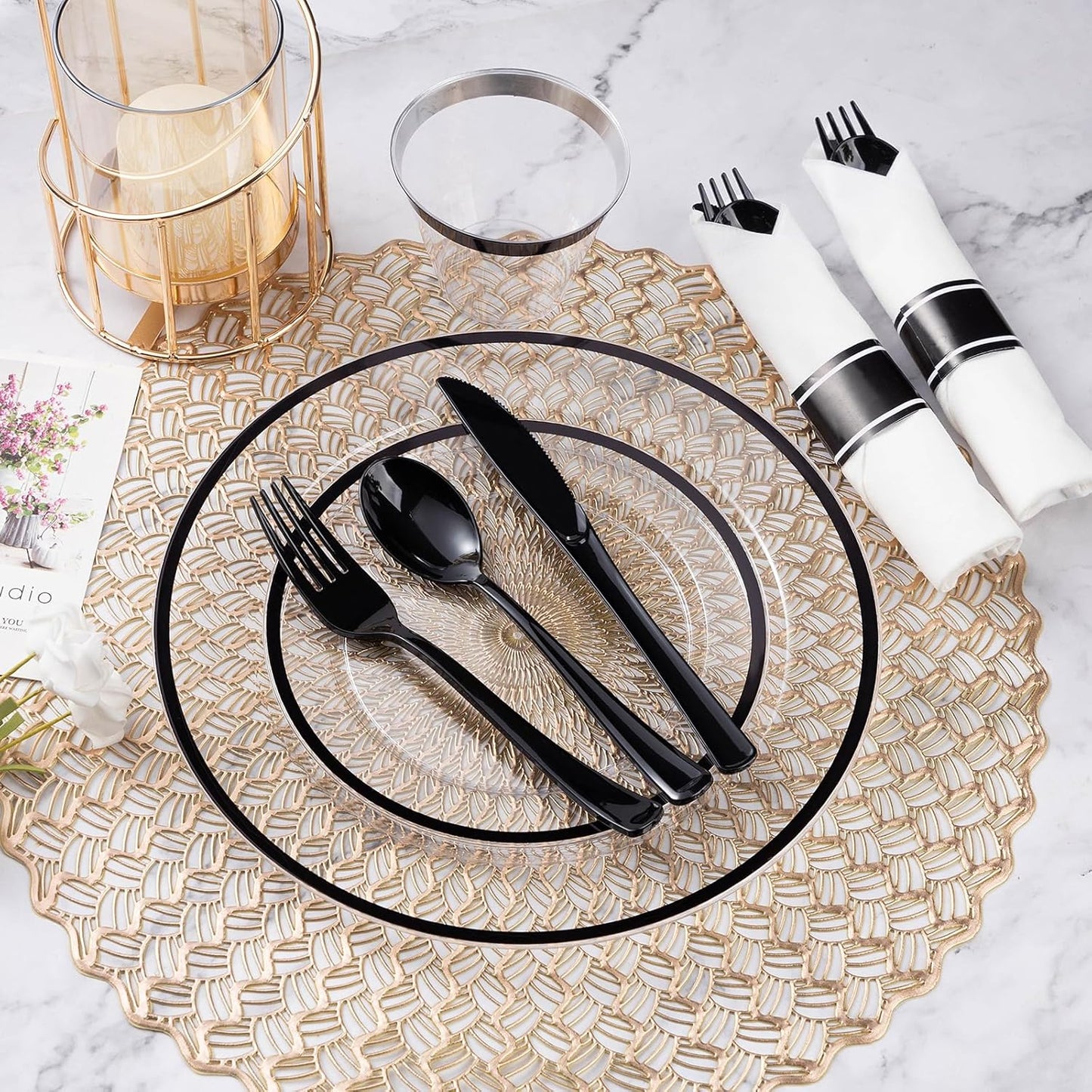 Goodluck 350 Piece Black Plastic Dinnerware Set for Party, Clear Disposable Plates for 50 Guests, Include: 50 Dinner Plastic Plates, 50 Dessert Plates, 50 Pre Rolled Napkins with Cutlery Set, 50 Cups