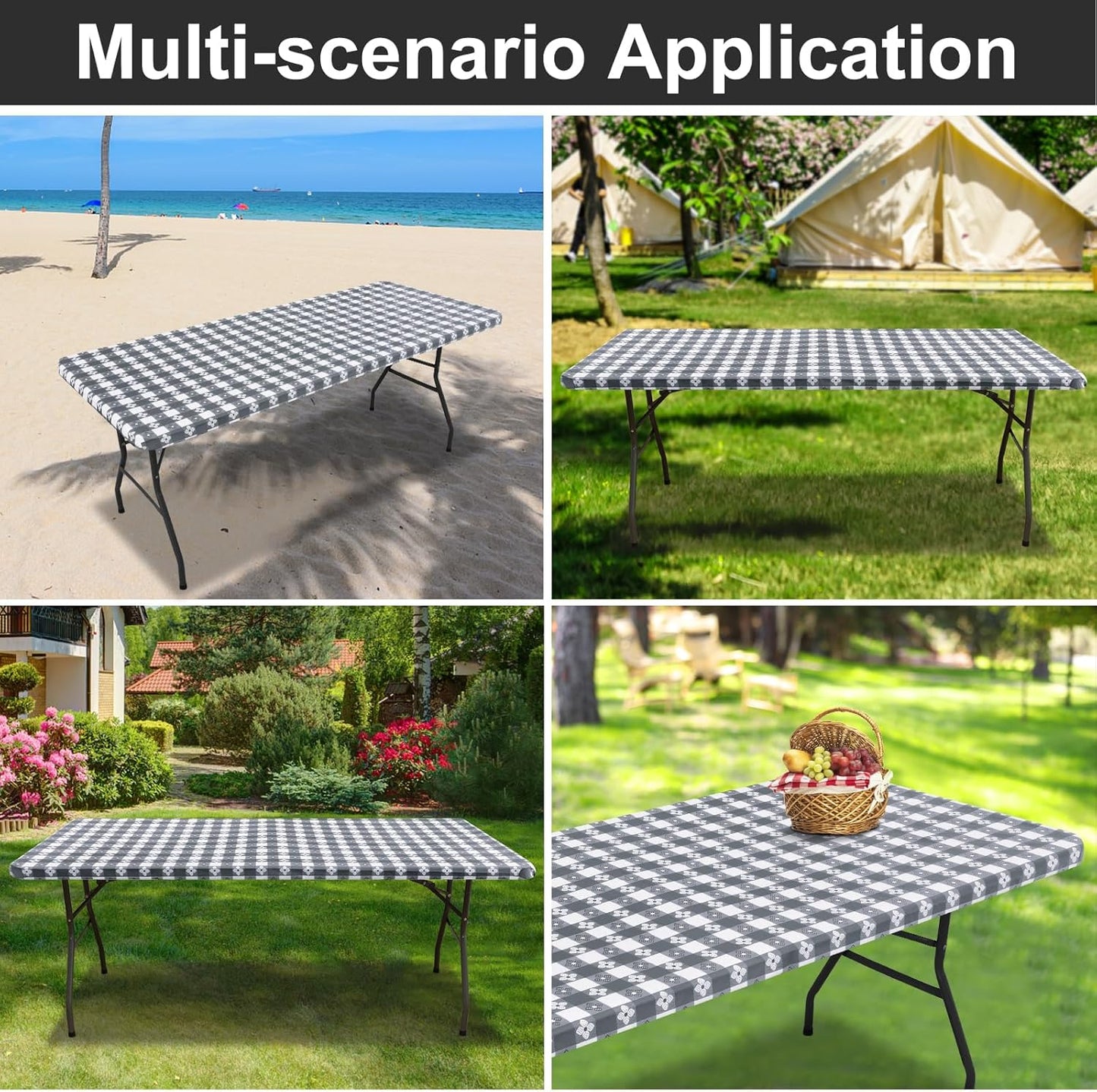 Rectangle Vinyl Table Cloth, Waterproof Elastic Fitted Tablecloth with Flannel Backing, Plastic Table Cover for Picnic, Camping, Outdoor (Grey & White, 30"x60")