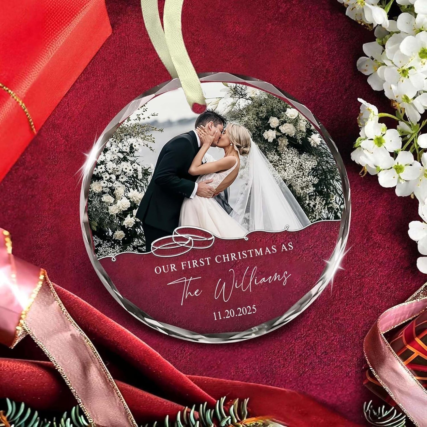 Personalized First Christmas Married Ornament, Custom Photo 1st Christmas Married Ornaments, Just Marry Ornaments Gifts for Newlyweds - Glass Wedding Ornament 2025 Gift for Couple with Box