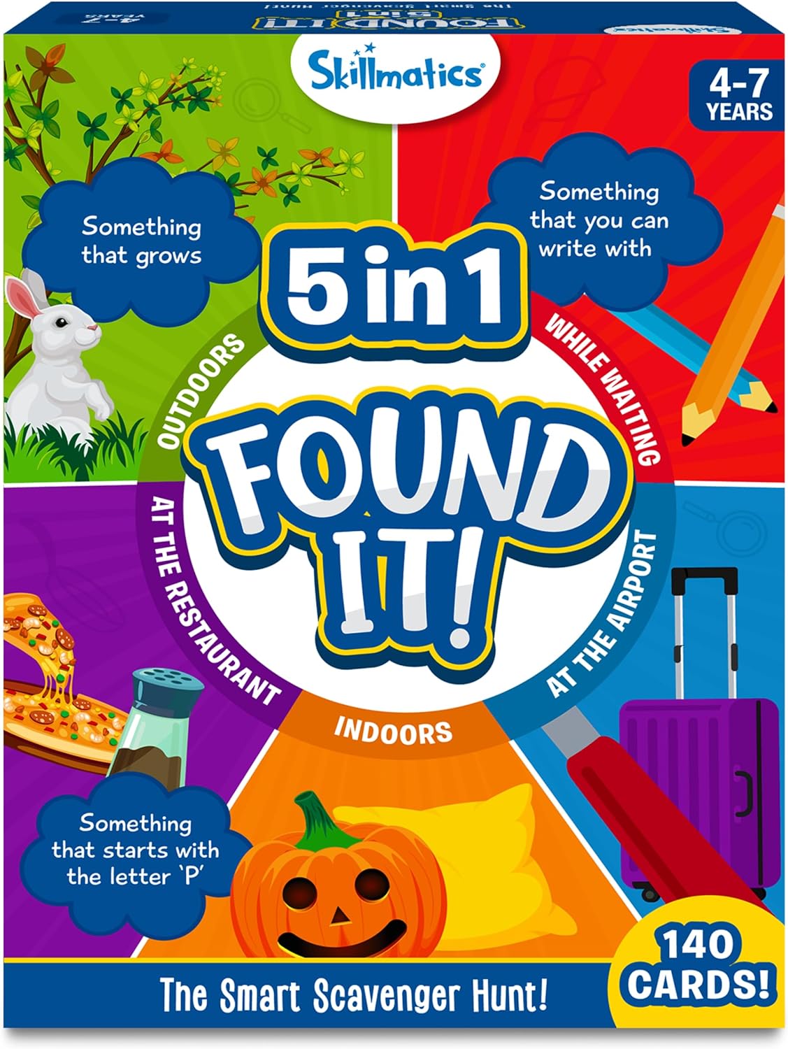 Skillmatics Scavenger Hunt Card Game - Found It 5 in 1 Megapack, Fun Family Game, 140 Cards, Search and Find, Learning & Travel Toy, Gifts for Kids, Boys, Girls, Ages 4, 5, 6, 7